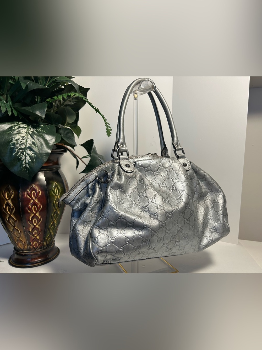 Gucci Sukey Silver Embossed Monogram Leather Satchel- COA included